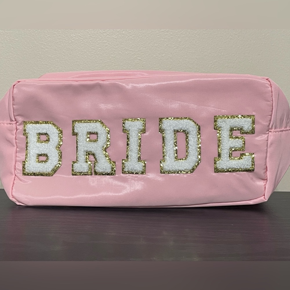🎉💕Pink BRIDE Cosmetic Case Makeup Bag Chenille Letters